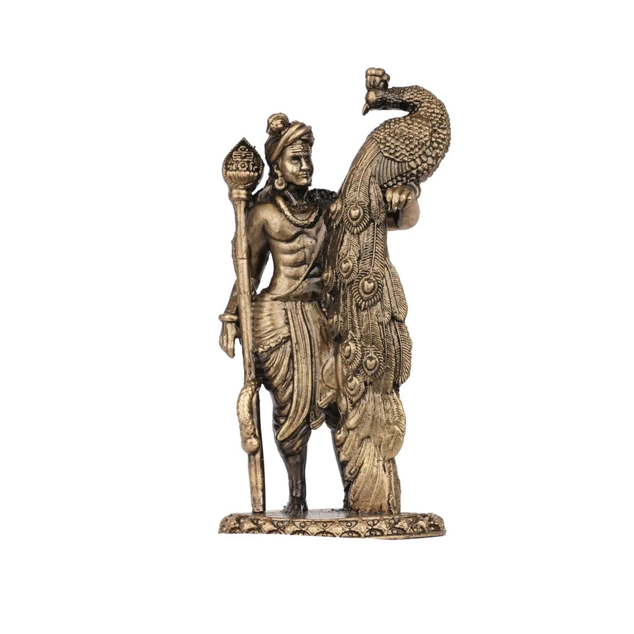 Brass Murugan with Peacock Idol | Lord Murugan Statue – 4" Height