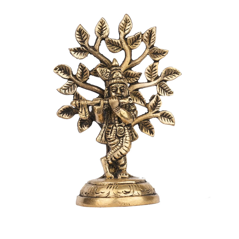 Brass Tree Krishna Idol | Lord Krishna Statue for Pooja and  Decor – 4" Height