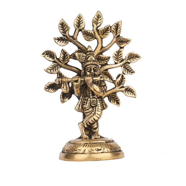 Brass Tree Krishna Idol | Lord Krishna Statue for Pooja and  Decor – 4" Height