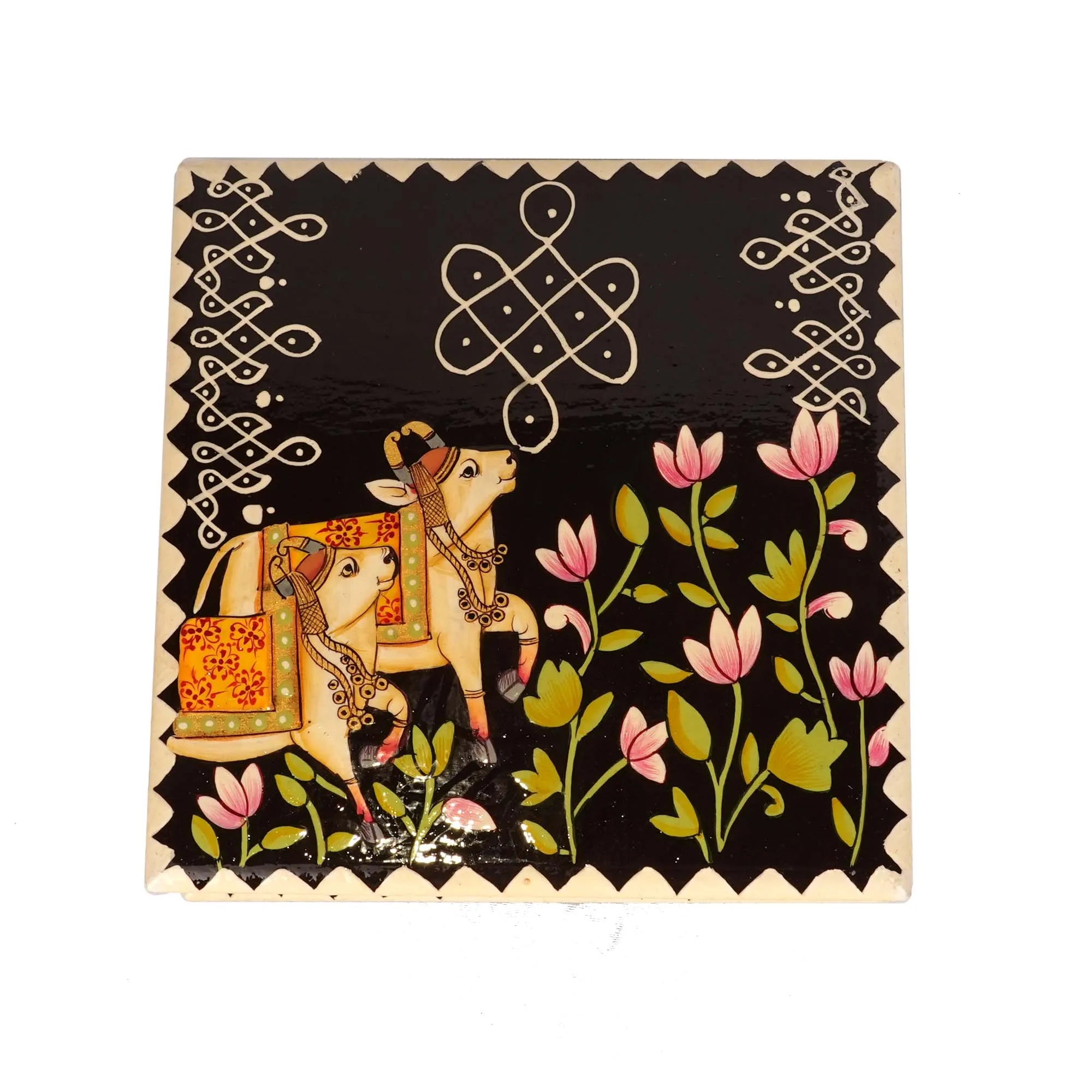 Handcrafted Wooden Cow Design Chowki – 8×8