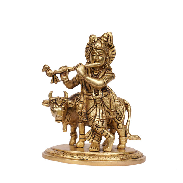 Handcrafted Brass Cow Krishna Idol – 5.5" Height