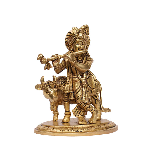 Handcrafted Brass Cow Krishna Idol – 5.5" Height