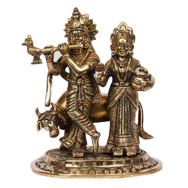 Handcrafted Brass Cow Radha Krishna Idol – 6.5" Height