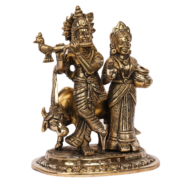 Handcrafted Brass Cow Radha Krishna Idol – 6.5" Height