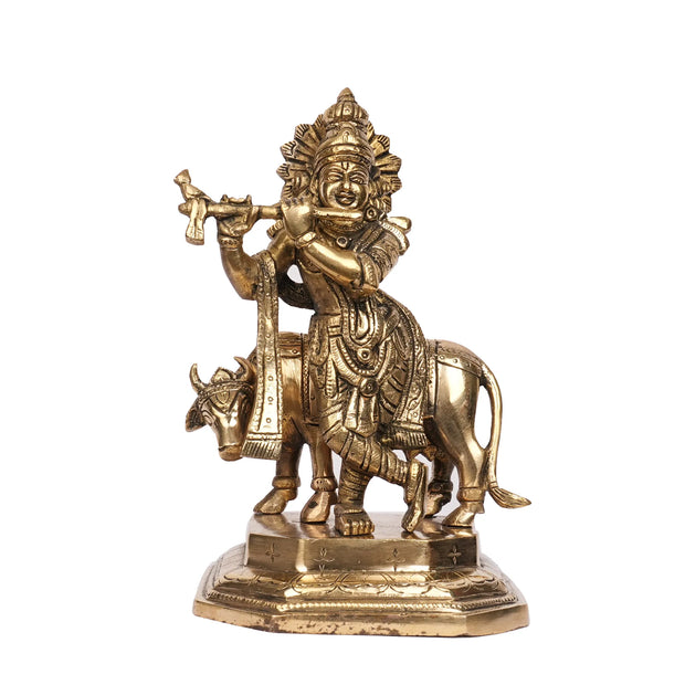 Handcrafted Brass Cow Krishna Idol – 8" Height