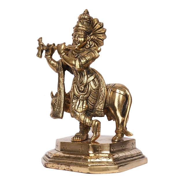 Handcrafted Brass Cow Krishna Idol – 8" Height