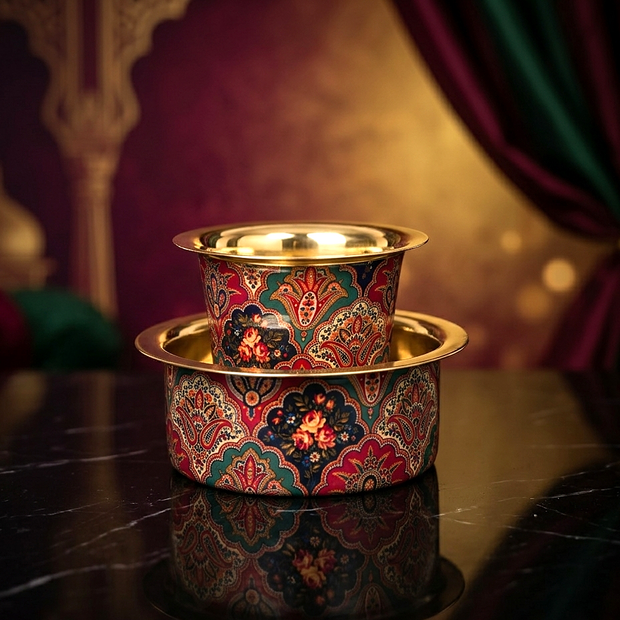 Handcrafted Brass Dabra Set with Elegant Printed Design