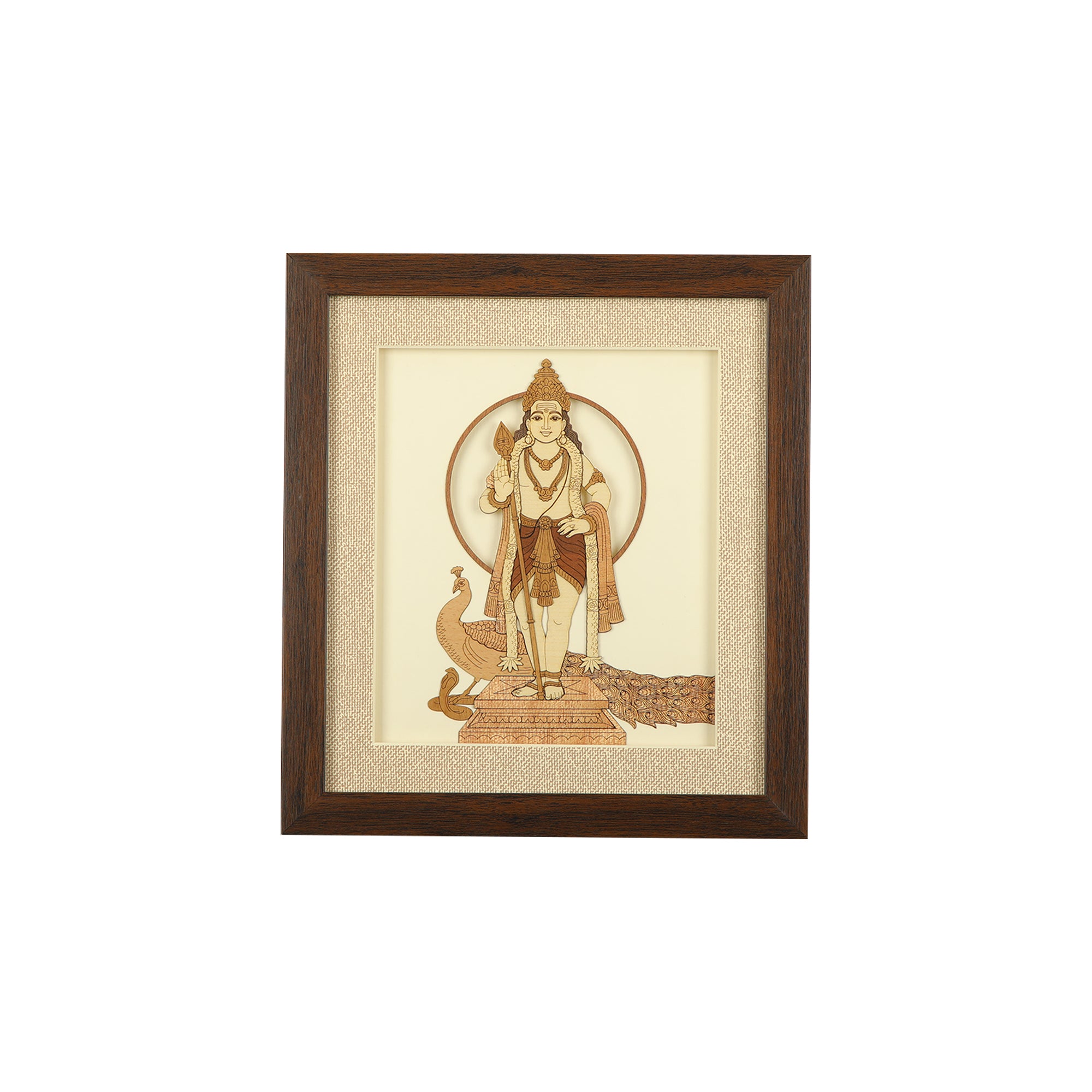A wooden carving frame containing a decorative artwork depicting lord murugan