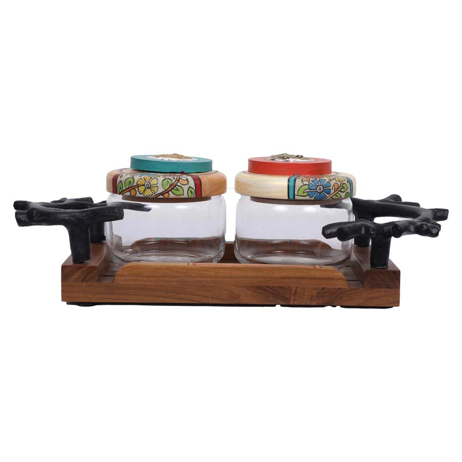 Decorative 2 Glass Jar Set with Wooden Tray