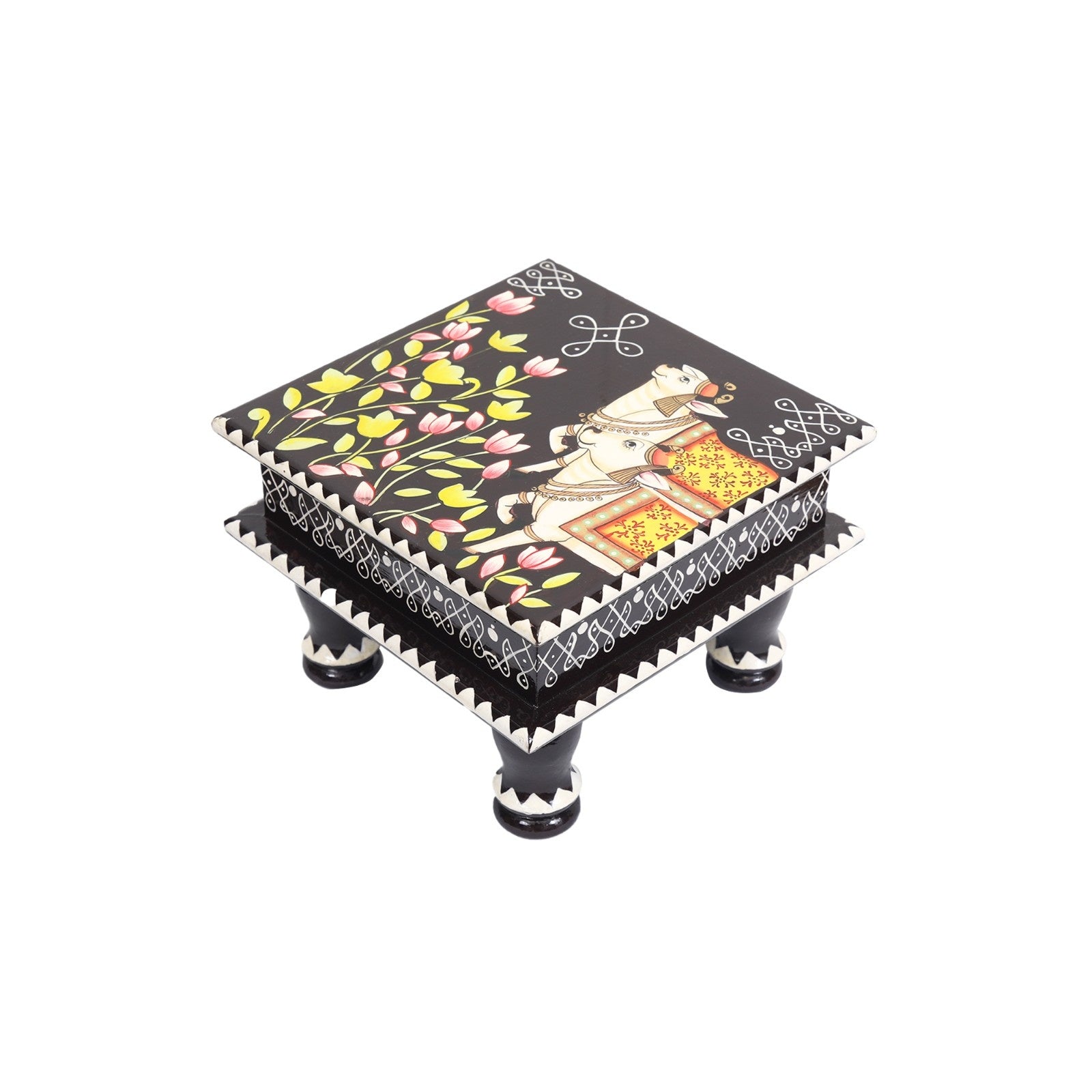 Wooden Cow with Rangoli Chowki
