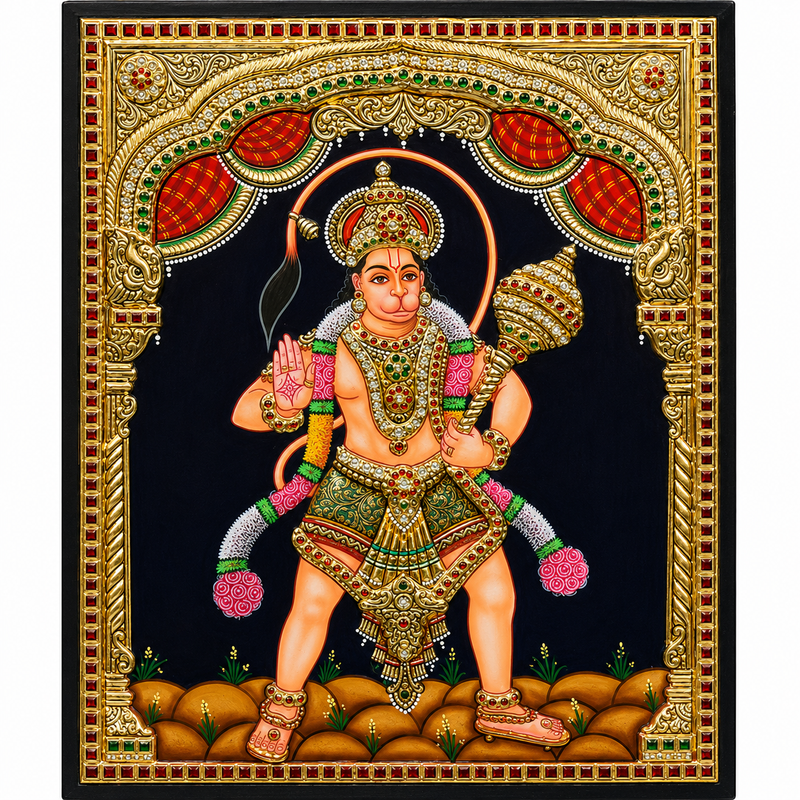 Embossed Hanuman Tanjore Painting with 22K Gold Foil – Traditional