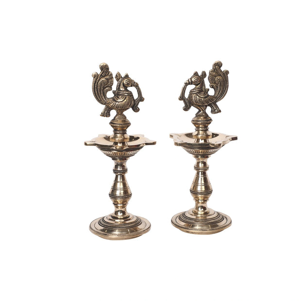 Brass Bird Lamp Set of 2 | Traditional Pooja Lamps – 7.5" Height