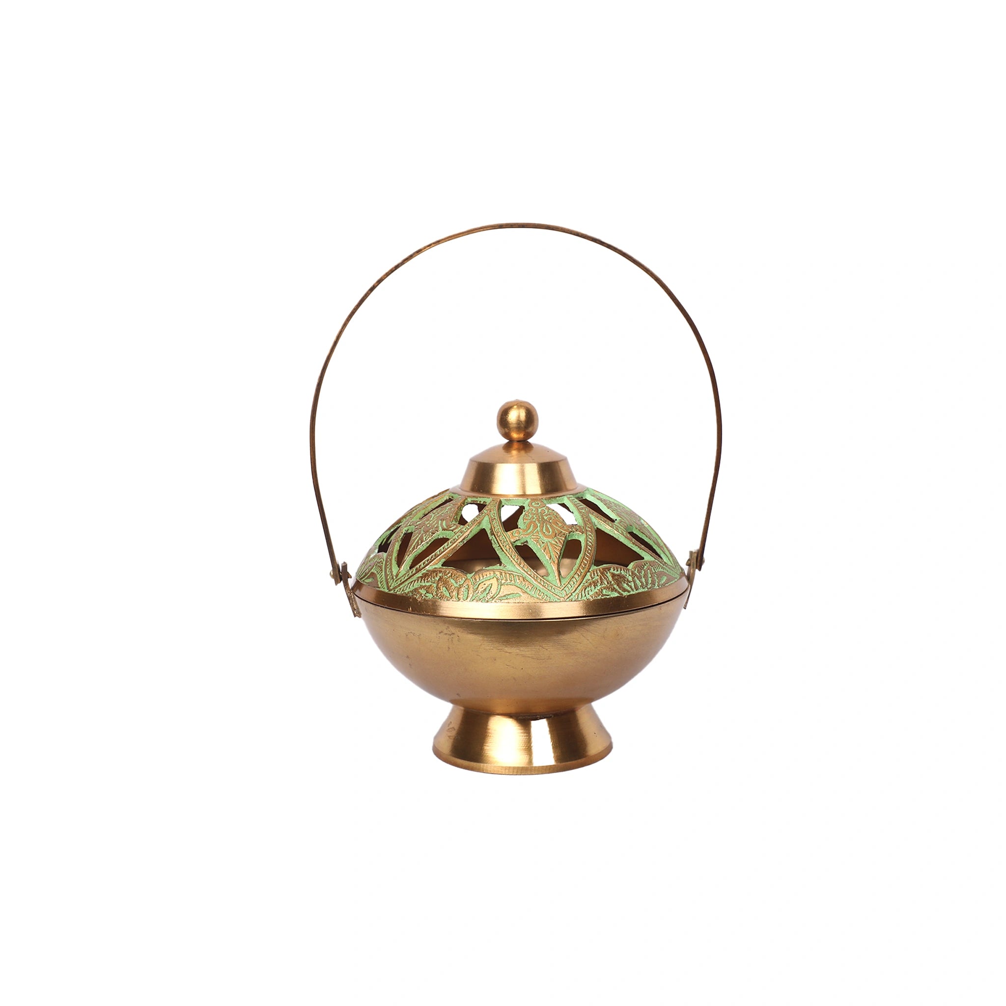 Traditional Brass Tea Light Lantern with Green Enamel Work
