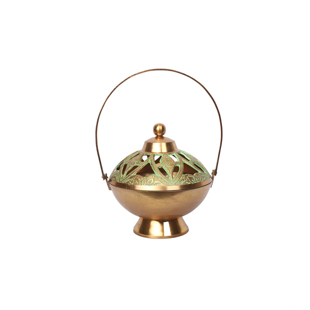 Traditional Brass Tea Light Lantern with Green Enamel Work