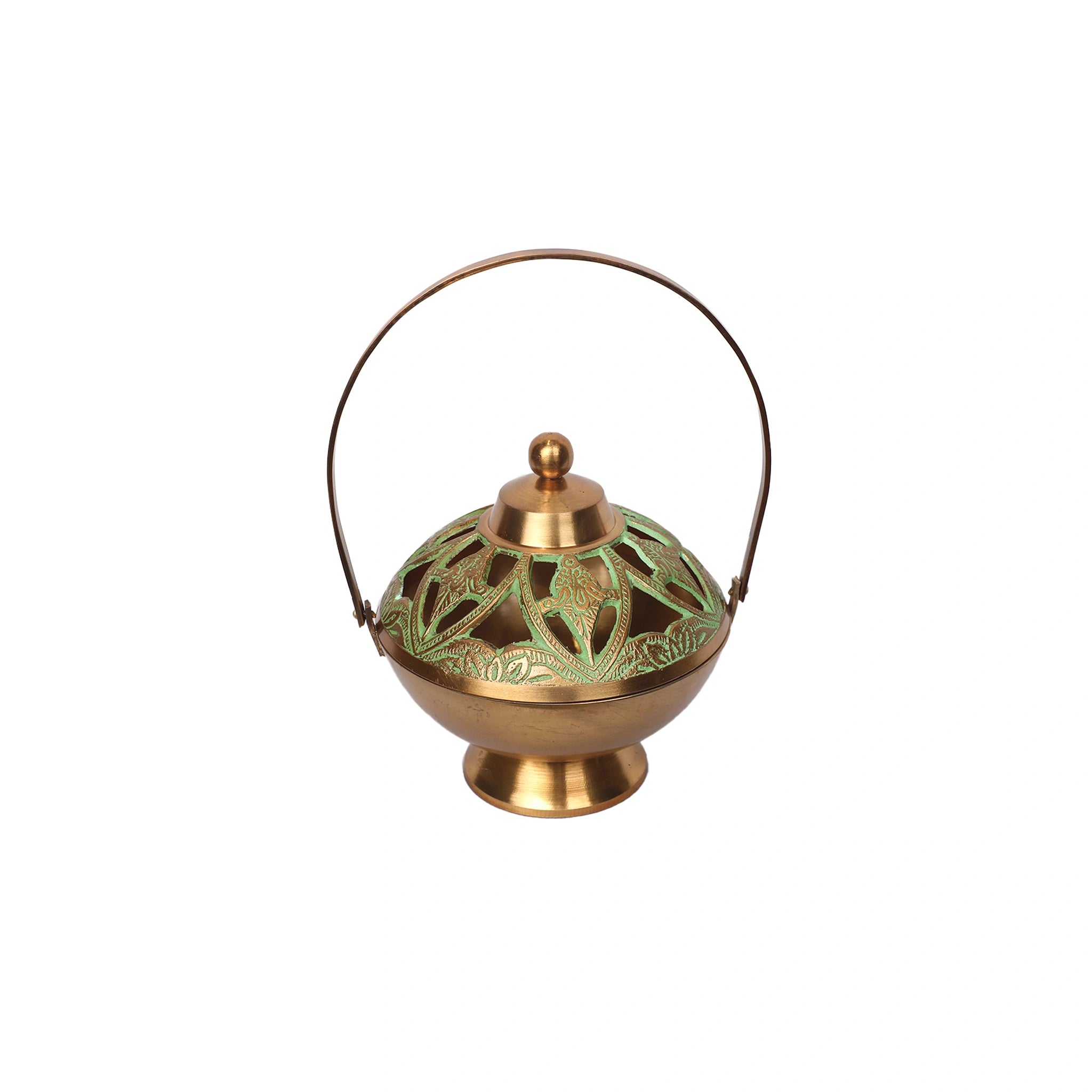 Traditional Brass Tea Light Lantern with Green Enamel Work