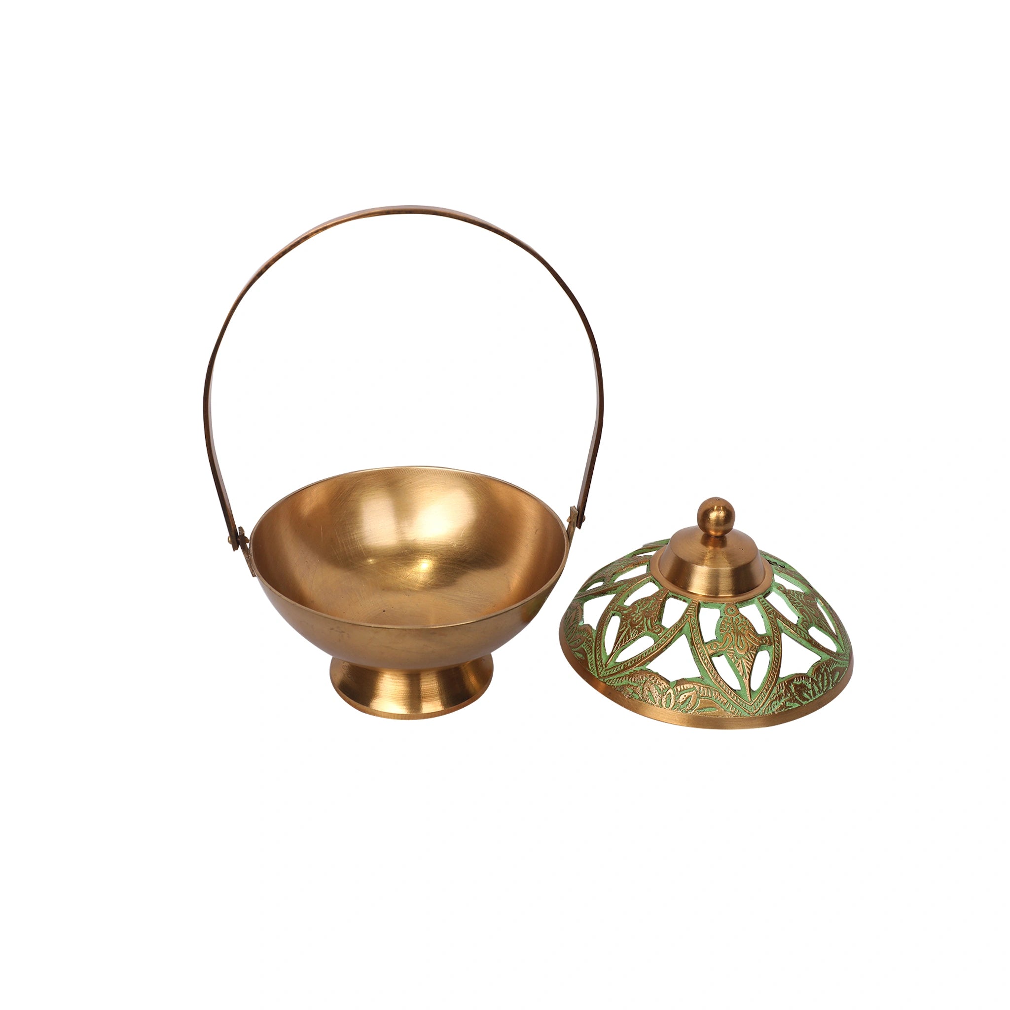 Traditional Brass Tea Light Lantern with Green Enamel Work