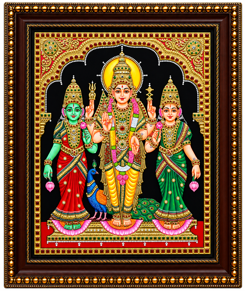 Murugan with Valli & Devayani – Tanjore Painting with 22K Gold Foil – 15