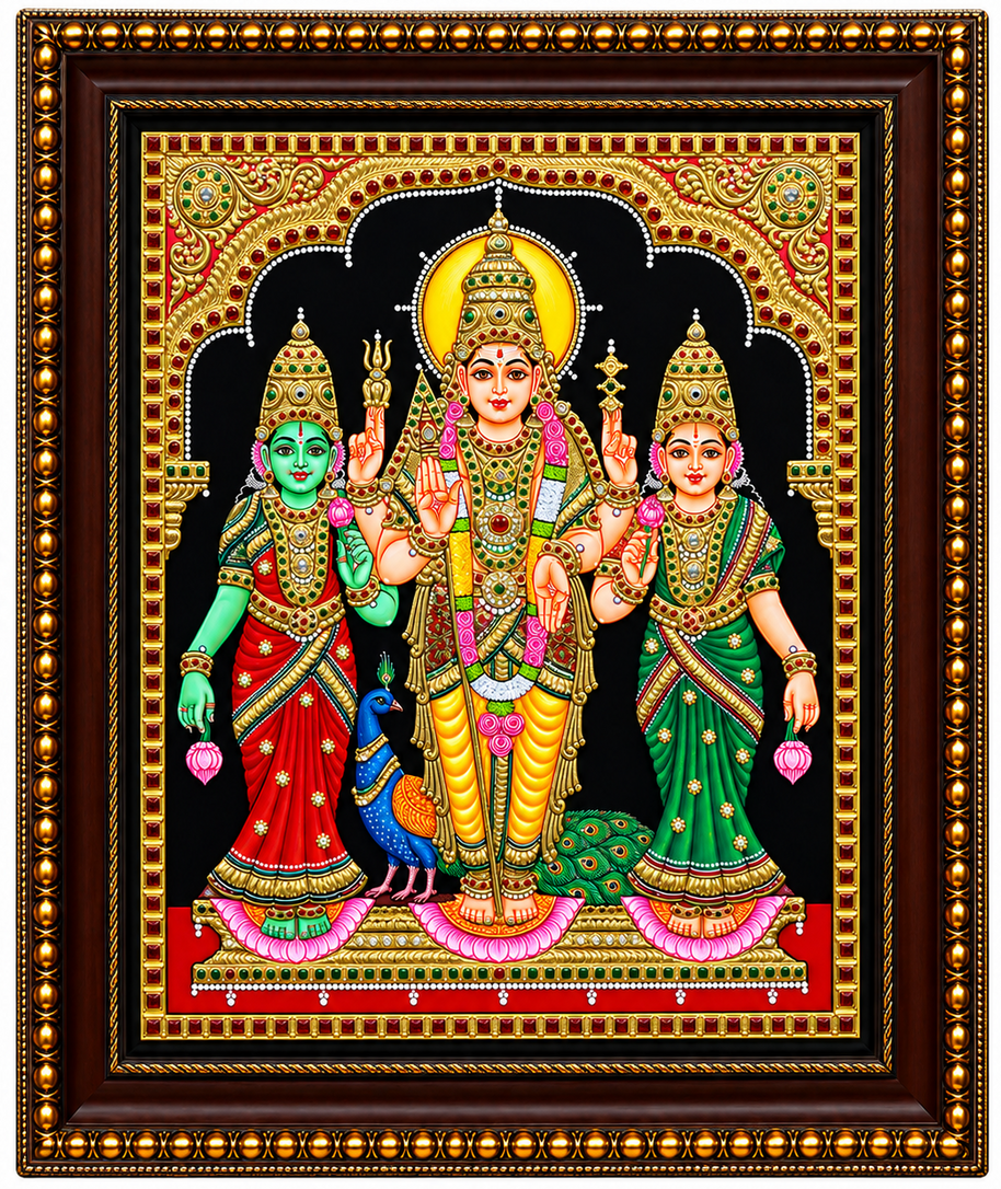 Murugan with Valli & Devayani – Tanjore Painting with 22K Gold Foil – 15" × 12" Inches