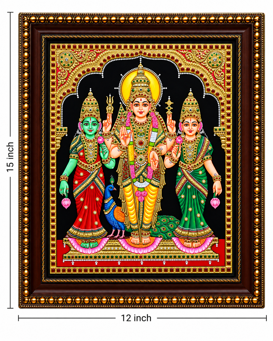 Murugan with Valli & Devayani – Tanjore Painting with 22K Gold Foil – 15