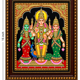 Murugan with Valli & Devayani – Tanjore Painting with 22K Gold Foil – 15