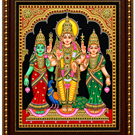 Murugan with Valli & Devayani – Tanjore Painting with 22K Gold Foil – 15