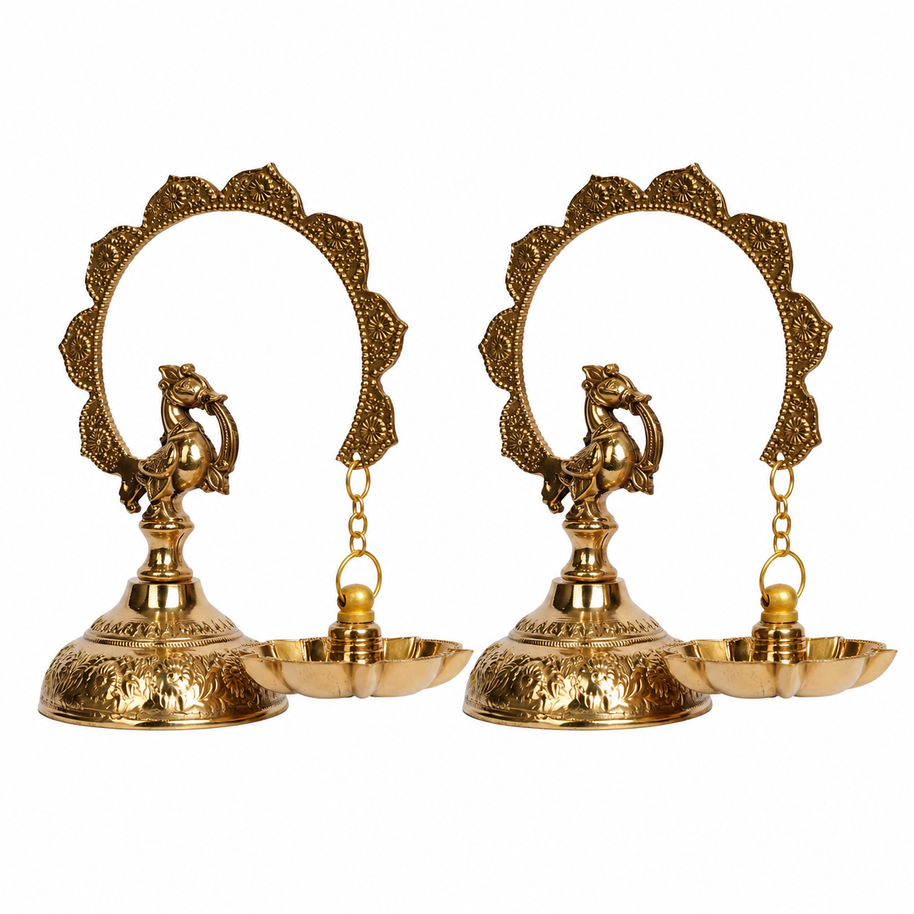 Pair of Handcrafted Brass Peacock Hanging Oil Lamps (Deepam)