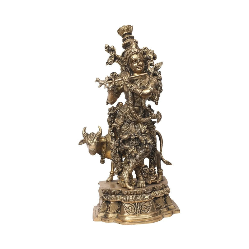 Handcrafted Lord Krishna Brass Statue with Cow