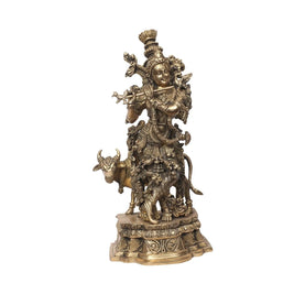 Handcrafted Lord Krishna Brass Statue with Cow