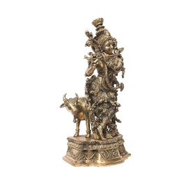 Handcrafted Lord Krishna Brass Statue with Cow