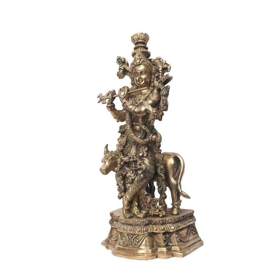 Handcrafted Lord Krishna Brass Statue with Cow