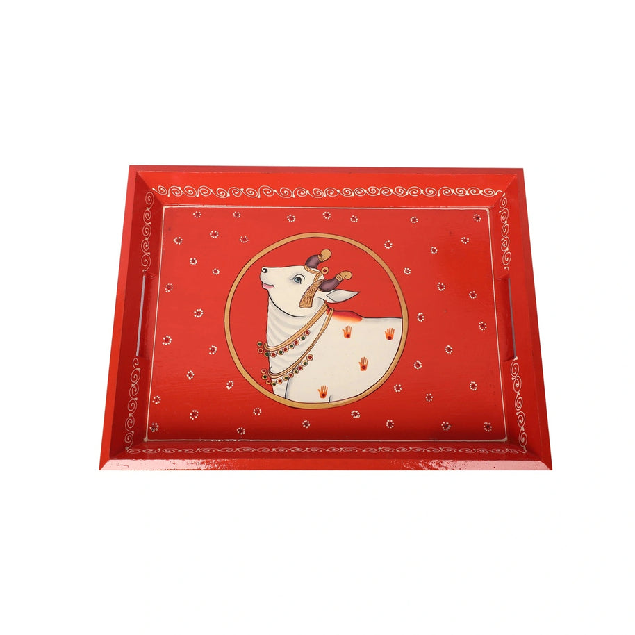 Wooden Serving Tray with Hand-Painted Folk Art