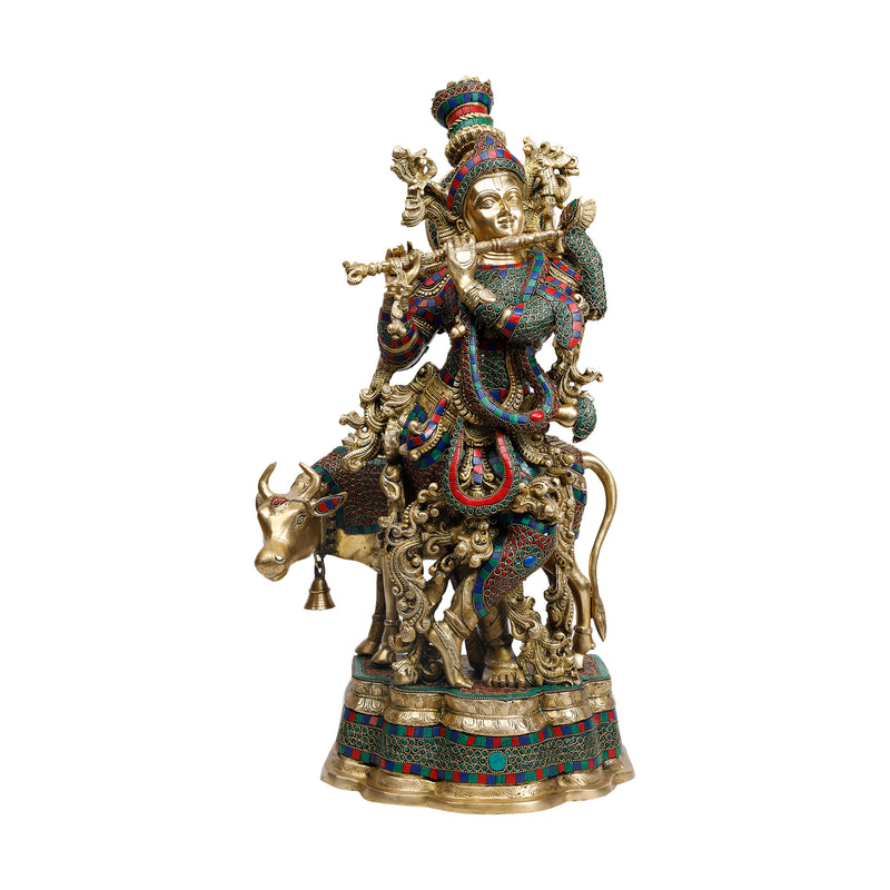 Brass Krishna Standing Stone Work