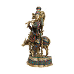 Brass Krishna Standing Stone Work