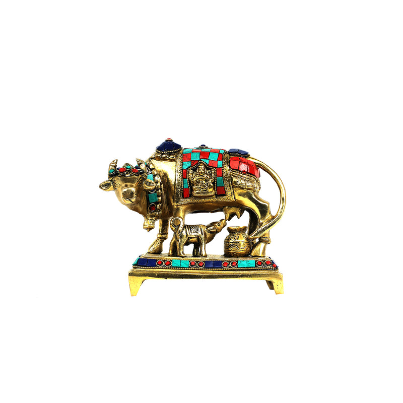 Brass Cow & Calf With Lakshmi - Stone Work