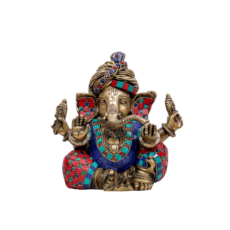 Turban Ganesh - Brass Idol - Stone Work