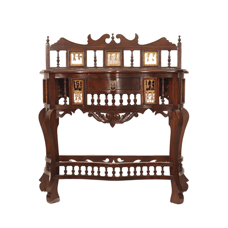 Wooden Console Table With Dhokra Art and Drawer