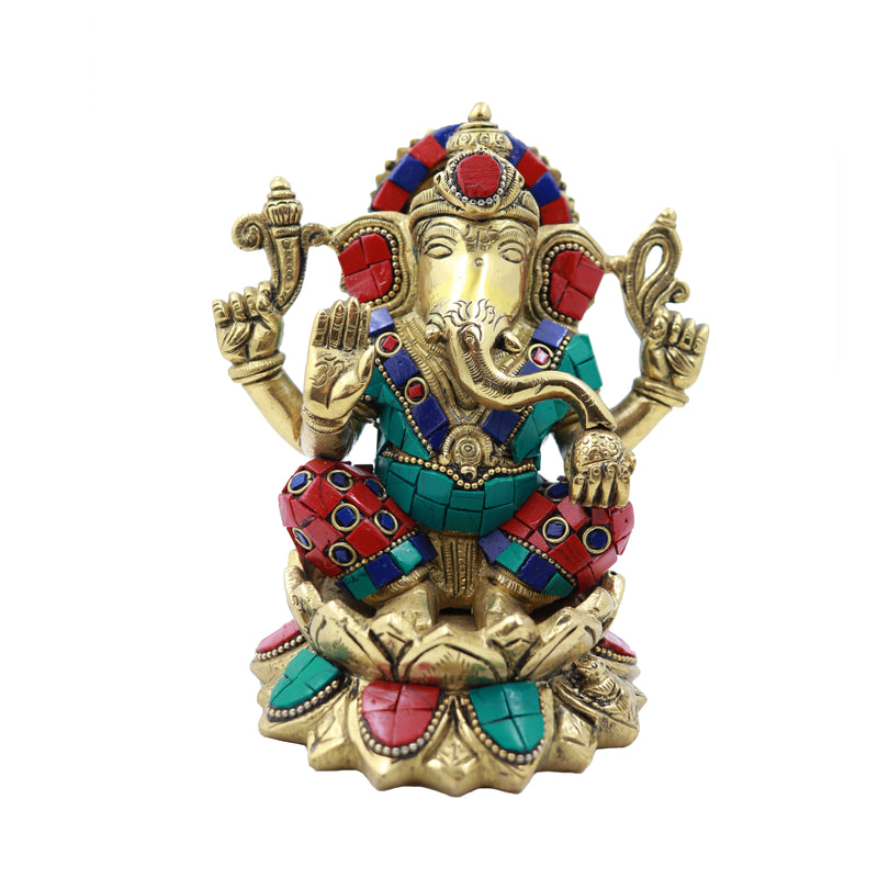 Ganesha Sitting On Lotus With Stone finish