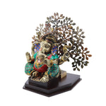 Pagdi Ganesha Sitting Under Tree On Wooden Base Stone Work