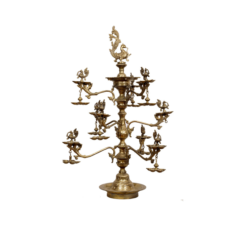 Brass Stand Peacock Lamp with Small Hanging Diyas