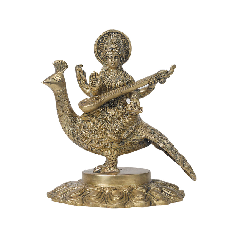 Brass Saraswathi sitting on peacock