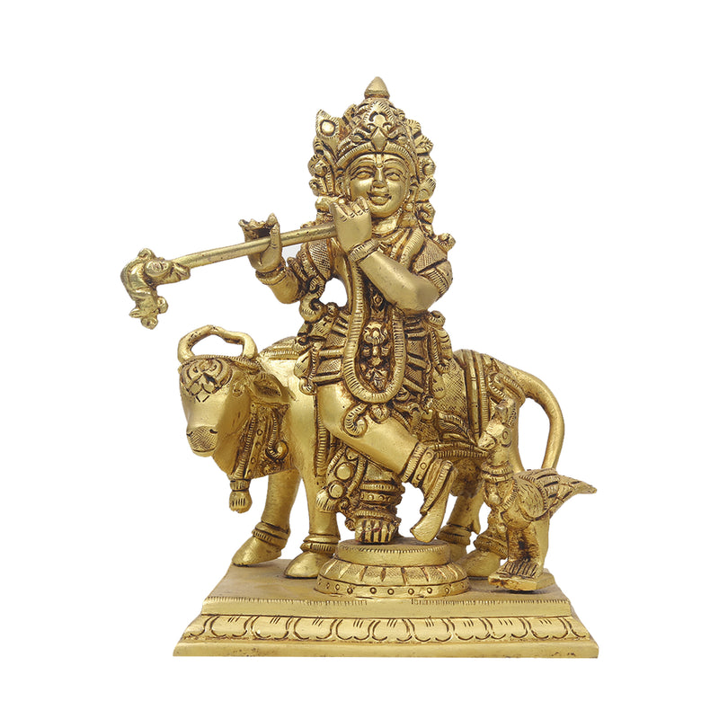 Brass Krishna With Cow