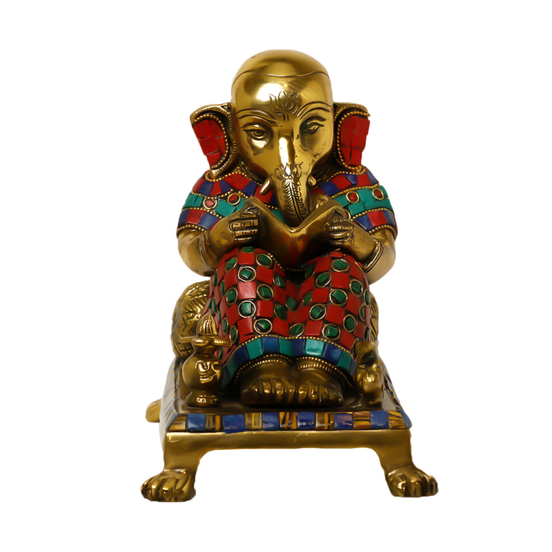Ganesh Reading Book - Brass Idol | Home Décor Ganesh Idol
