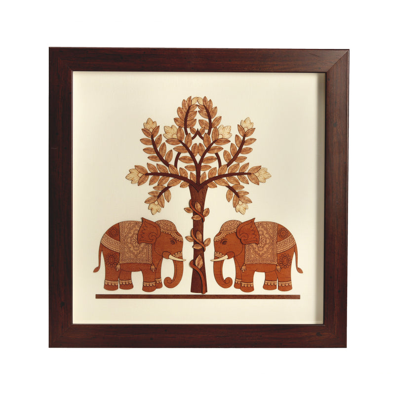 Standing Two Baby Elephant Wooden Under Tree Wooden Carving Frame