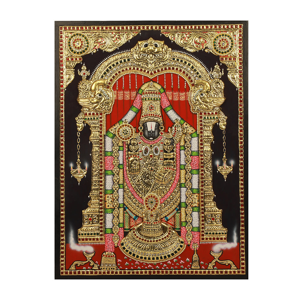 A Tanjore Painting featuring a colorful depiction of a Hindu deity with a red and gold background, and detailed gold, red, and green patterns and textures.