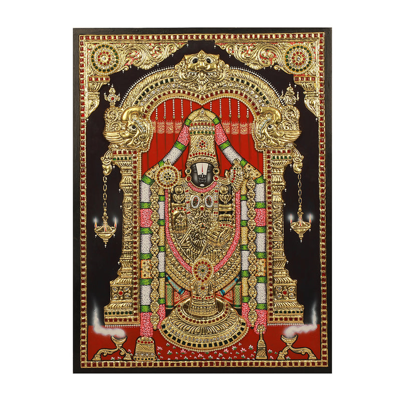 A Tanjore Painting featuring a colorful depiction of a Hindu deity with a red and gold background, and detailed gold, red, and green patterns and textures.