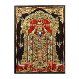 A Tanjore Painting featuring a colorful depiction of a Hindu deity with a red and gold background, and detailed gold, red, and green patterns and textures.
